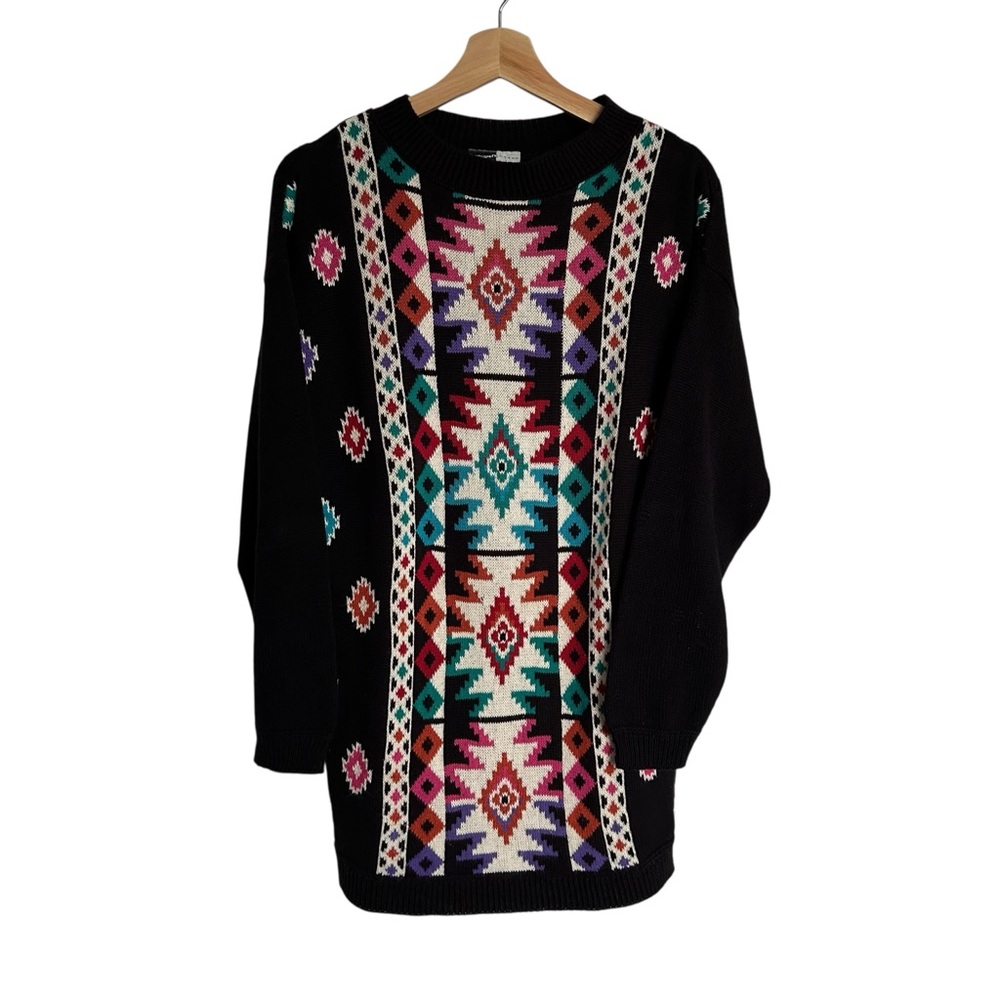 Beldoch Popper Vintage Geometric Aztec Print Long Line Sweater Large